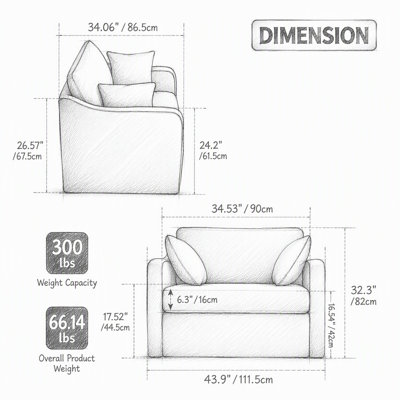 Fauteuil d'appoint moderne de style champêtre, large et rembourré, avec pieds en métal