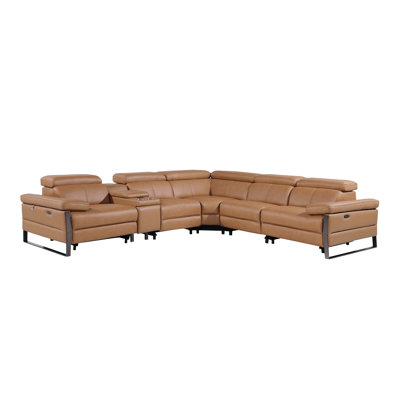Top Grain Italian Leather 6-Piece L-Shaped Modular Power Reclining Sectional With 3 Power Recliners & Power Headrests