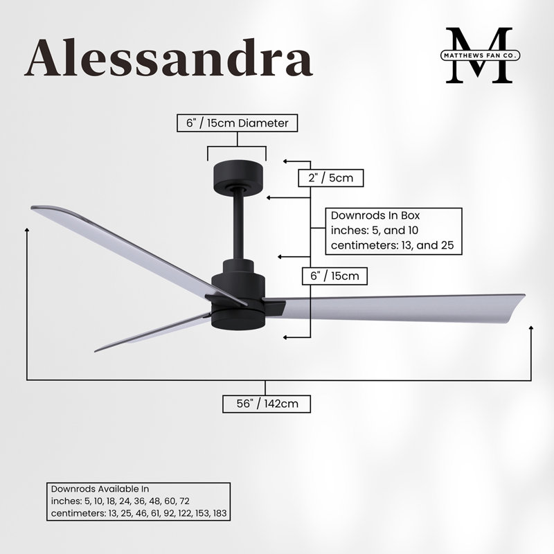 Alessandra Outdoor Downrod Ceiling Fan, Brushed Nickel, Matte Black