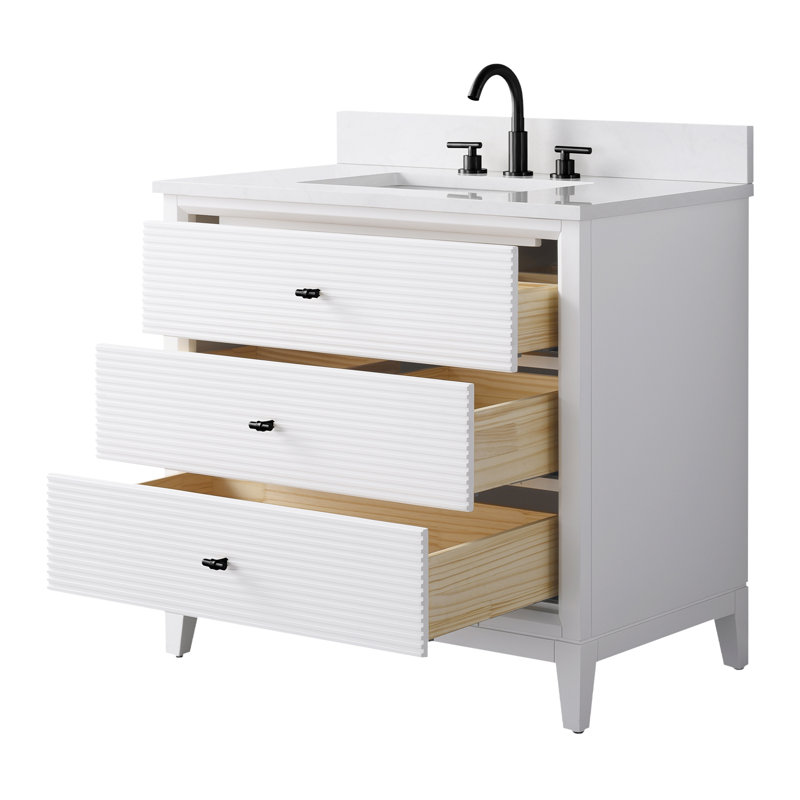 Meuble-lavabo autoportant à simple cuve 36 po avec plateau en marbre Caldwell, Blanc, Noir mat, Blanc Ariston