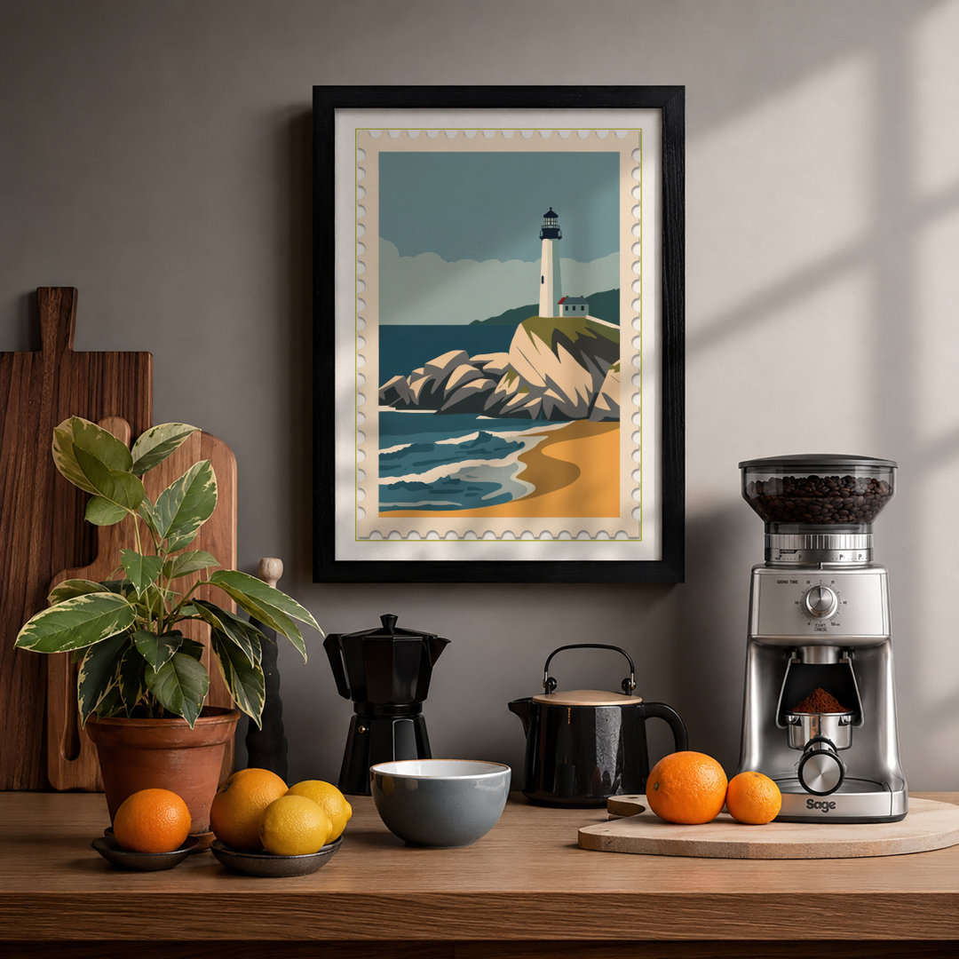 Lighthouse on Rocky Shore Vintage - Framed Print
