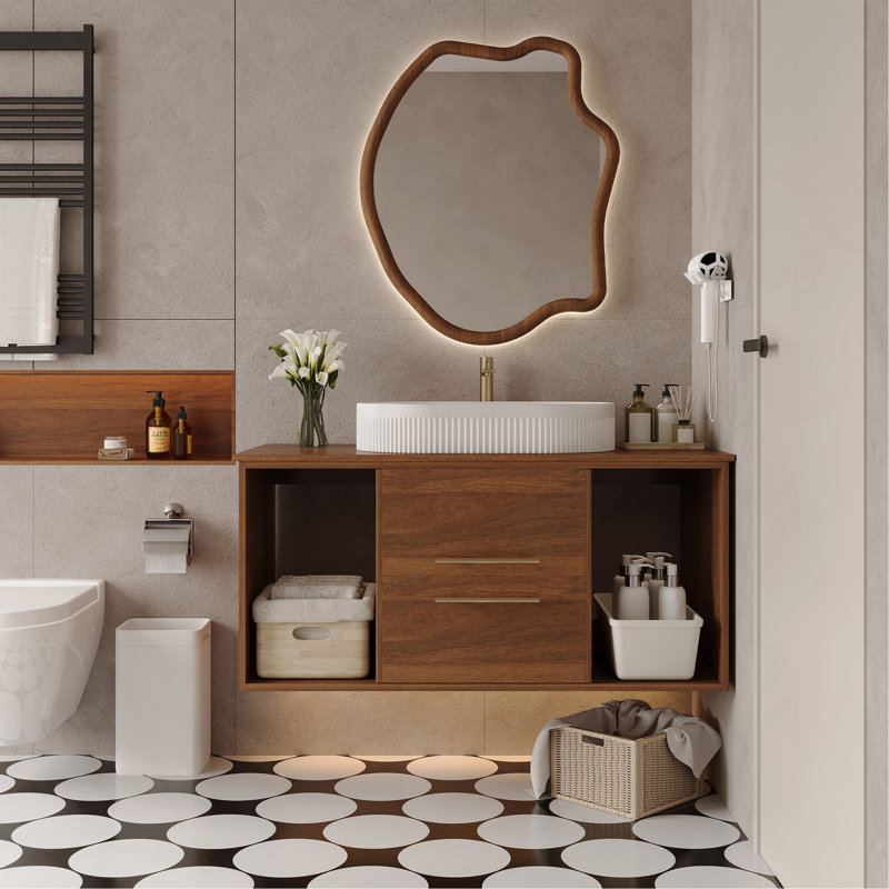Meuble-lavabo mural moderne 39,4 po avec lavabo en céramique ovale flottant multi-couches, Walnut
