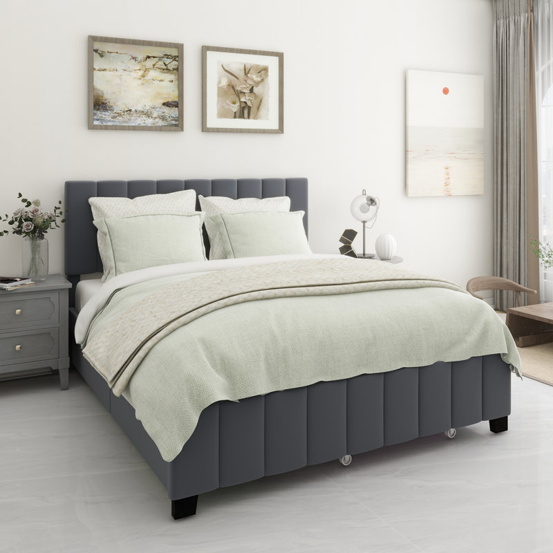 Grand lit standard capitonné avec rangement Lueker, gris