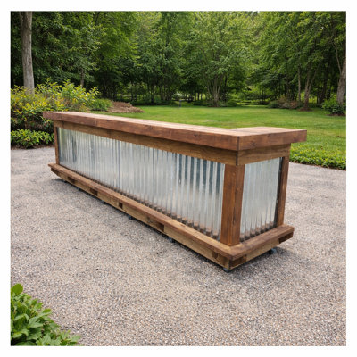 Intrepid 8x3 U-Shape Home Bar with Corrugated Metal Front, Two-Tier Bartop and Storage Shelves
