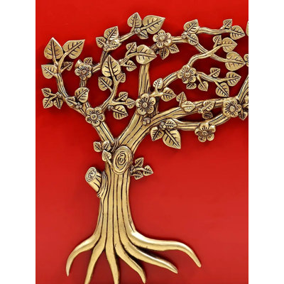 22" Handmade Brass Tree Wall Hanging - Flowing Branches with Leaves and Flowers for Dark Wall Home Decor Accent
