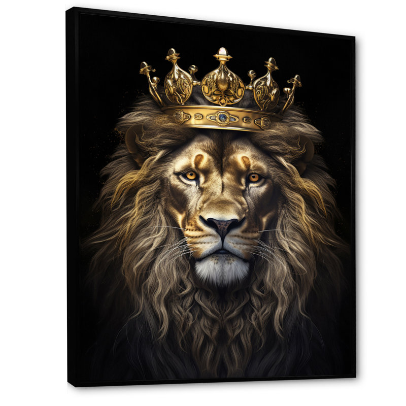 Majestic lion royal avec couronne d'or I - impressions sur toile de lion, H 20 po x l 12 po x P 1 po, Cadre flottant noir