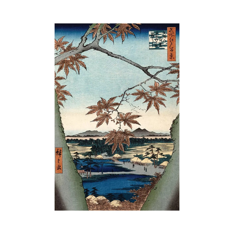 Maple Leaves, The Tekona Shrine And The Bridge At Mama (Private Collection) by Utagawa Hiroshige - Wrapped Canvas Painting