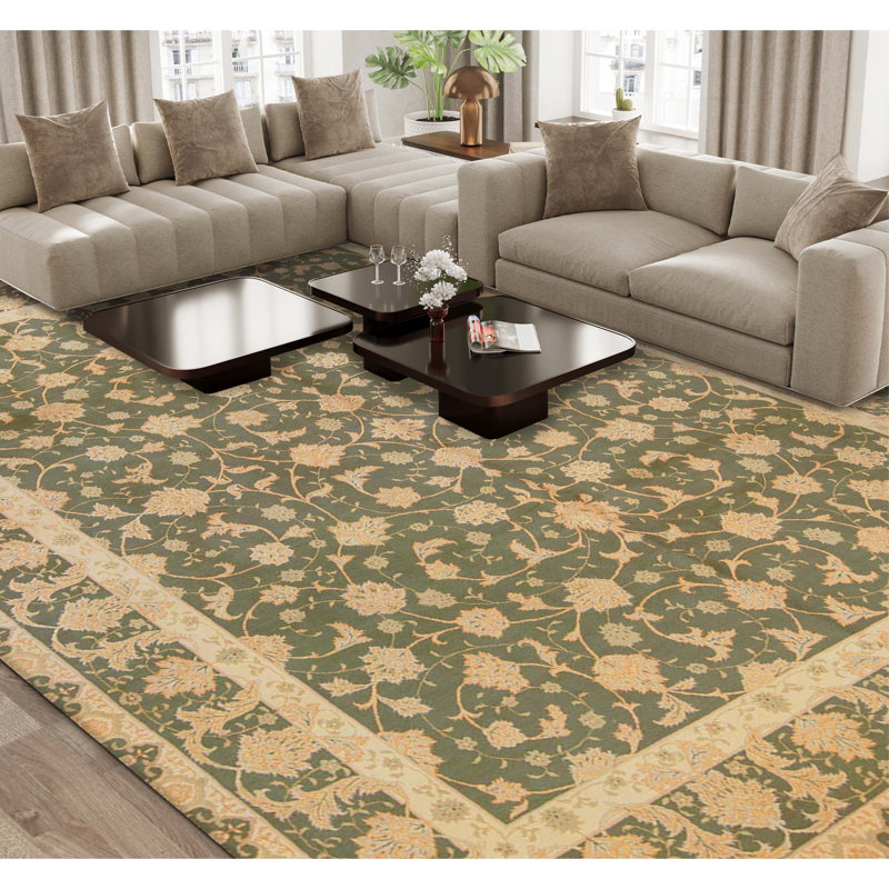 High-Quality Hand-Knotted Olive Green Area Rug
