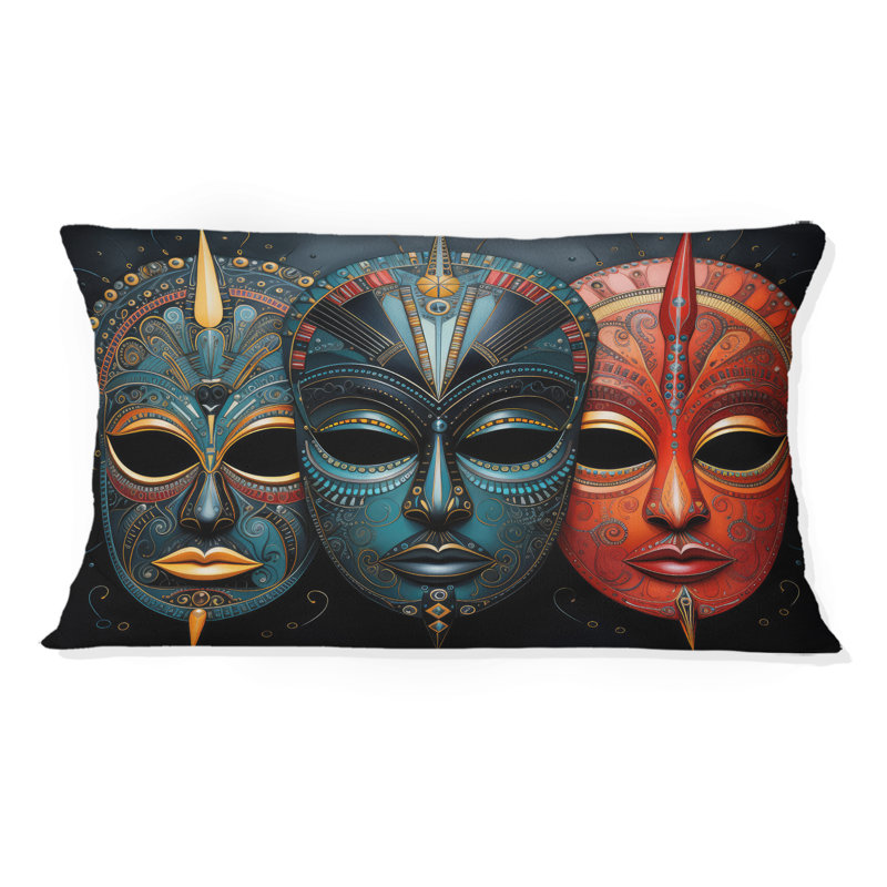 Red African Masks III - African Mask Printed Throw Pillow