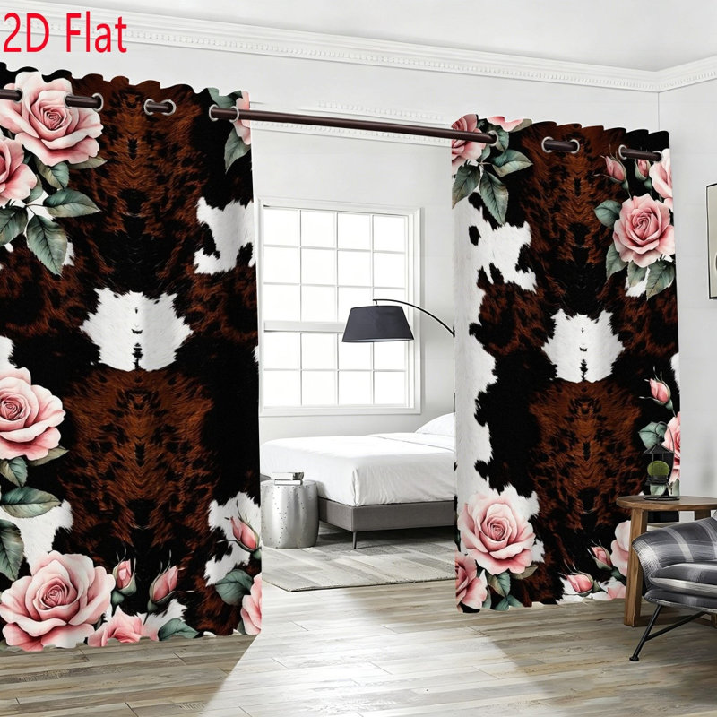 2Pcs Cow Print Rose Blackout Curtains, Floral Botanical Drapes for Living Room Bedroom Farmhouse Decor, 53*91inch*2pcs