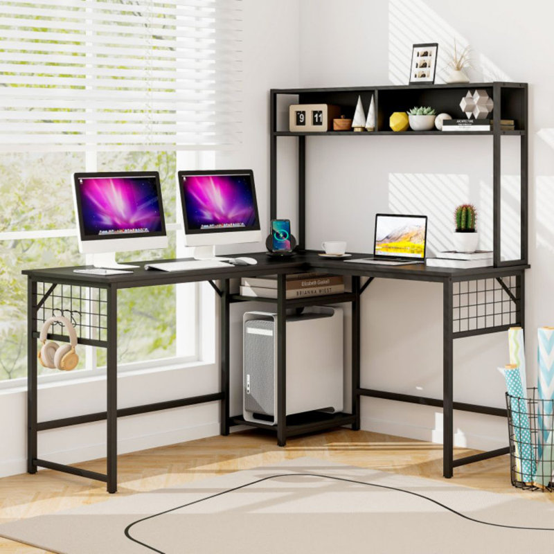 Bureau en L avec huche de prise de courant, Brun