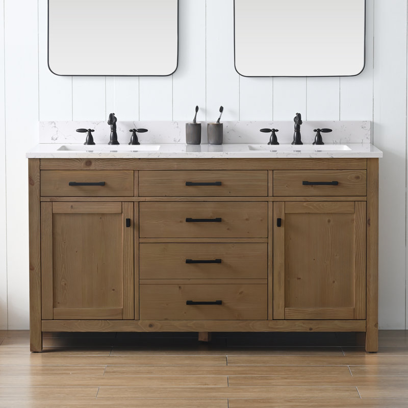 Ajiya 60" Double Bathroom Vanity, Carrara White, Textured Natural/Matte Black