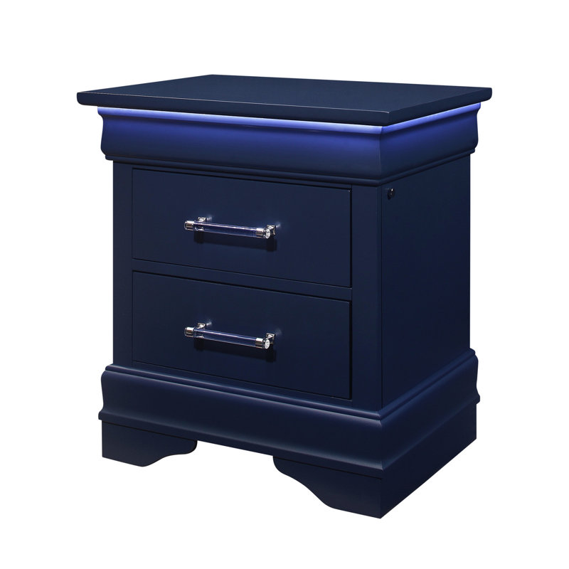 Blue Nightstand With Led - Spacious Compartments, Transitional Drawers Solid Wood &, Blue