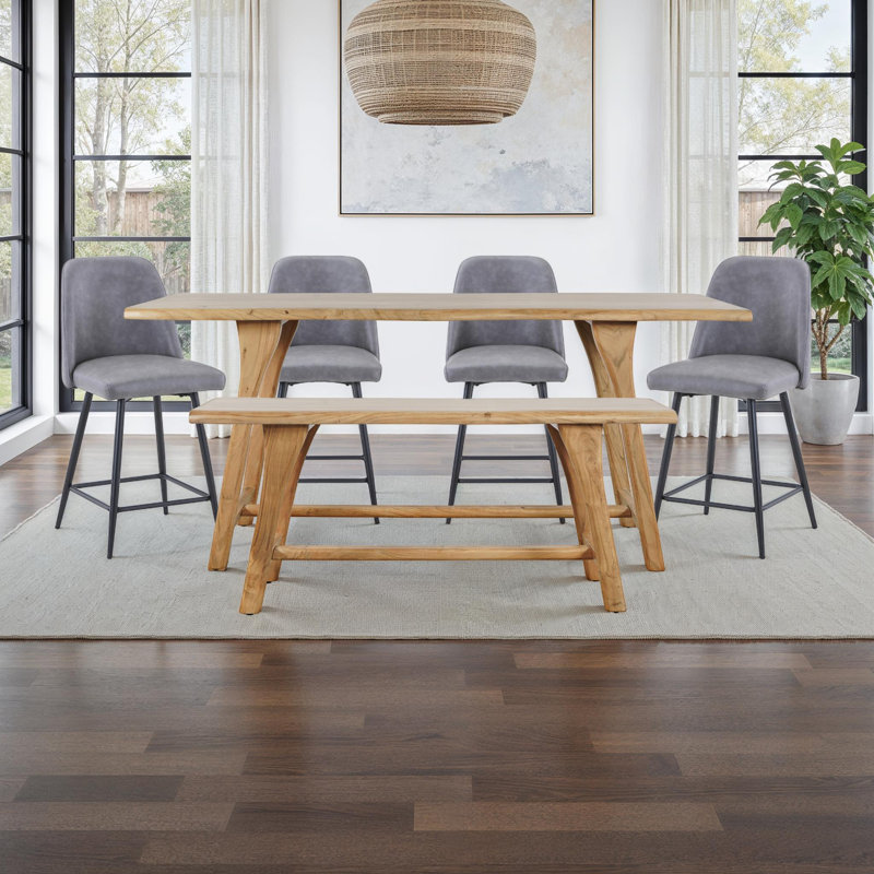 Ebrar 6 - Person Solid Wood Solid Wood Top Trestle Dining Set, Gray