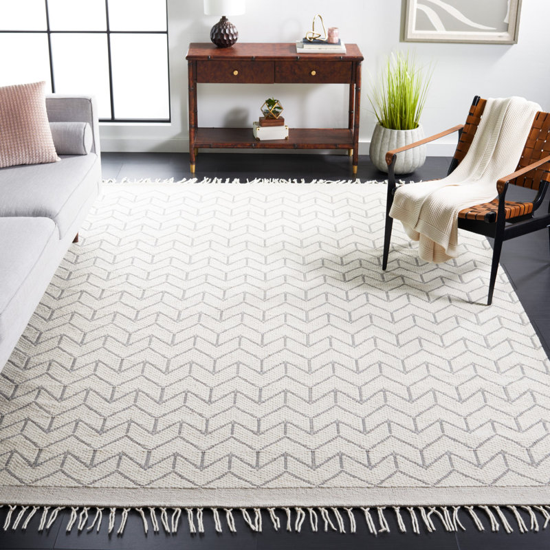 Aloin Hand Loomed Nz Wool/Cotton Geometric Rug in Ivory, Square 6'