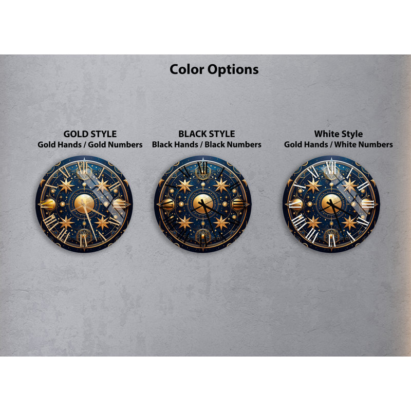 Horloge murale élégante en forme d'étoile céleste en verre trempé bleu et or silencieux, Noir