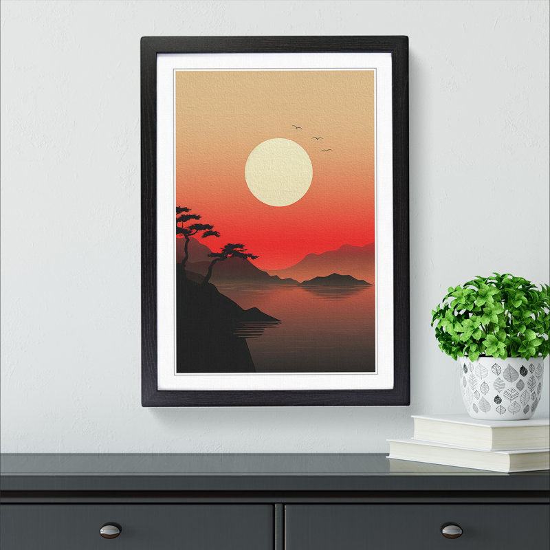 Japanese Sunset Minimalism - Single Picture Frame Print on Wood, 64cm H x 46cm W x 2cm D, Black Framed
