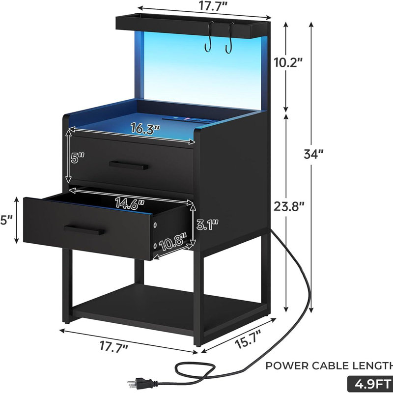 17.7" Wide Nightstand, 2 Drawers with Top Tray, Bedside Table, Black