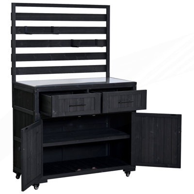 Large Patio Kitchen Island, Kitchen Cart, Garden Potting Bench With Stainless Table Top, 3 Movable Shelves And 2 Drawers