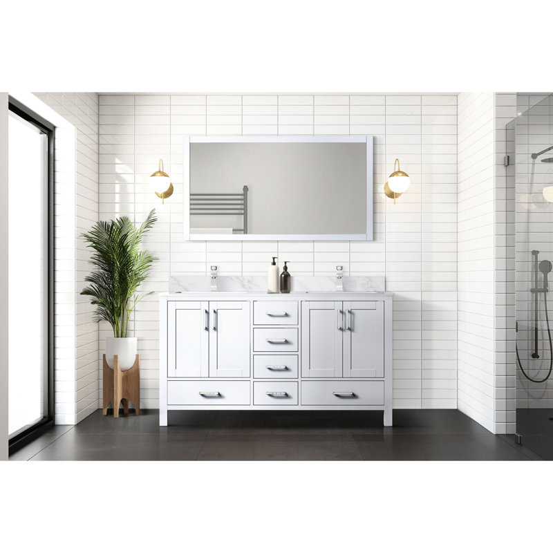Meuble-lavabo double blanc 60 po x 22 po avec comptoir en marbre, robinet et miroir de 58 po pour une salle de bain dynamique
