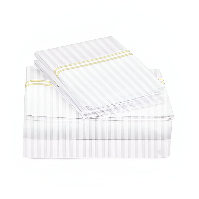 400TC Double Embroidery Sateen Stripe Cotton 4 Piece Sheet Set Fitted Sheet Fits Upto 16" Deep Pocket, Ivory/White