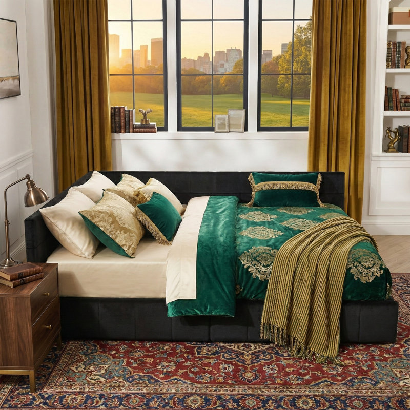 85.5" W Queen Size Upholstered Daybed with 2 Storage Drawers, Tufted Velvet Sofa Bed Frame, Black, Black
