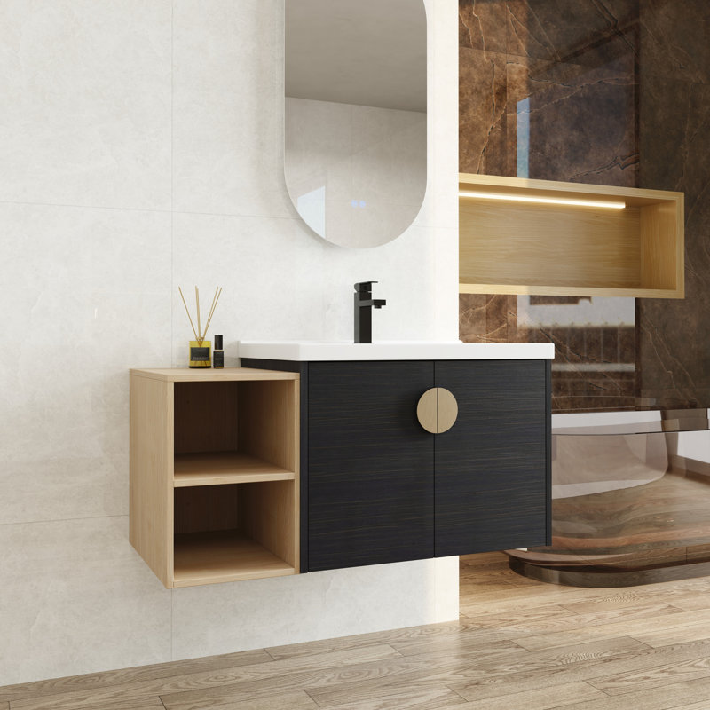 Unité de salle de bain murale 40 po, châtaignier noir, meuble-lavabo à portes à fermeture douce, lavabo,