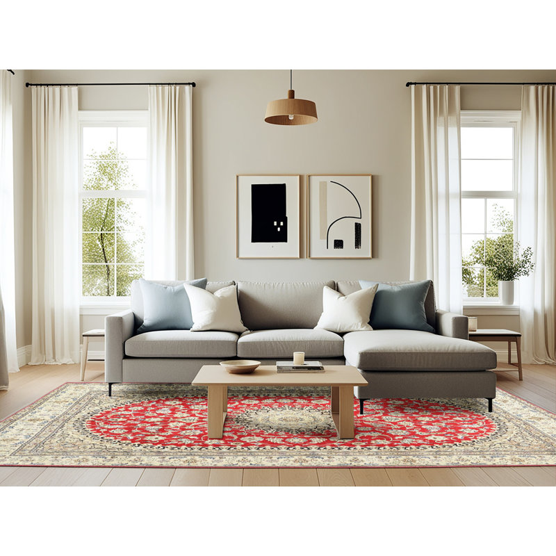 Tapis traditionnel crème / gris / rouge, Rectangle 6 pi x 9 pi