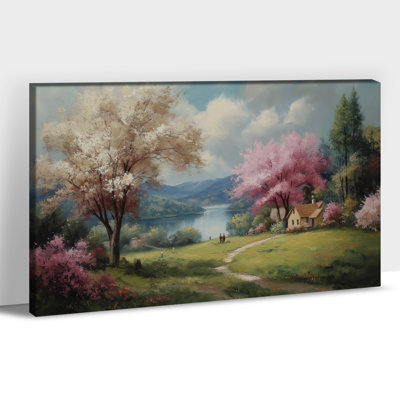 Impression sur toile, grand chalet de printemps, paysage montagne chalet, fleurs sauvages, scène de campagne