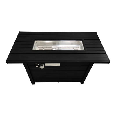 24" H Outdoor Steel Fire Pit Table With Propane - Black, Design, Slatted Base, Lid, Cover, Lava Rocks, Glass Beads, Adjustable Flame, Deck Suitable Lid Weather-, Flame Adjustable, Drink/Plate Rest