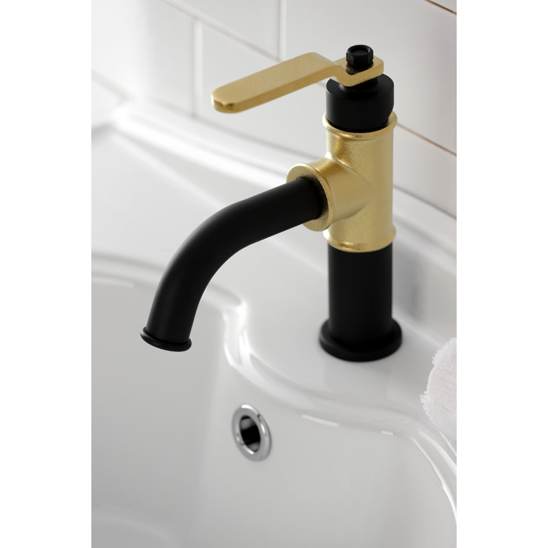 Kingston Brass Whitaker Single-Handle 1-Hole Deck Mount Bathroom Faucet with Push Pop-Up, Matte Black/Polished Brass