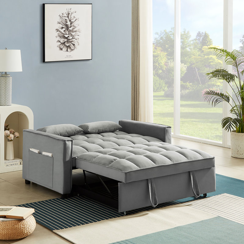 55'' Velvet Convertible Loveseat Sleeper Sofa with Adjustable Backrest, Pull-Out Bed and Pillows, Bluish Gray