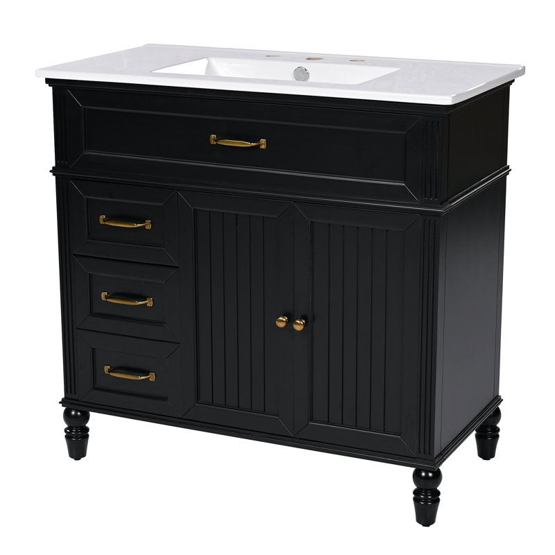36" Single Bathroom Vanity With Ceramic Top, Black, Gold