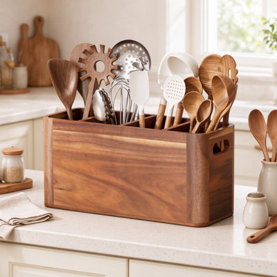 Acacia Wood Kitchen Utensil Holder for Counter with Compartments, Extra Large Wooden Cooking Utensil Organizer for Countertop Spatula Storage