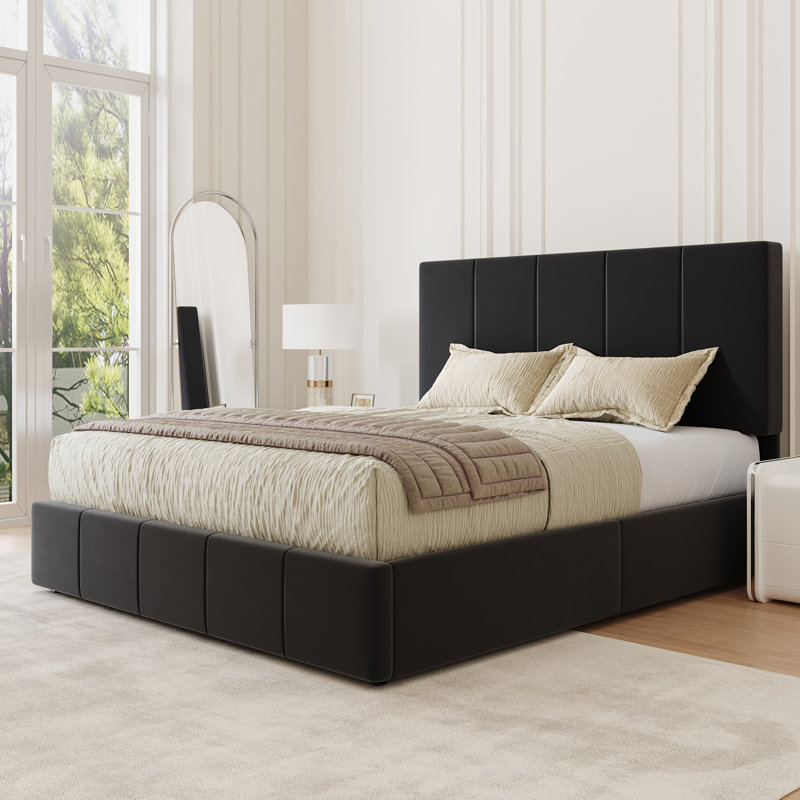 Fully Upholstered Platform Bed, Modern Velvet Bed With Tufted Headboard, No-Dust Design, Queen/Full/King, Black, Queen