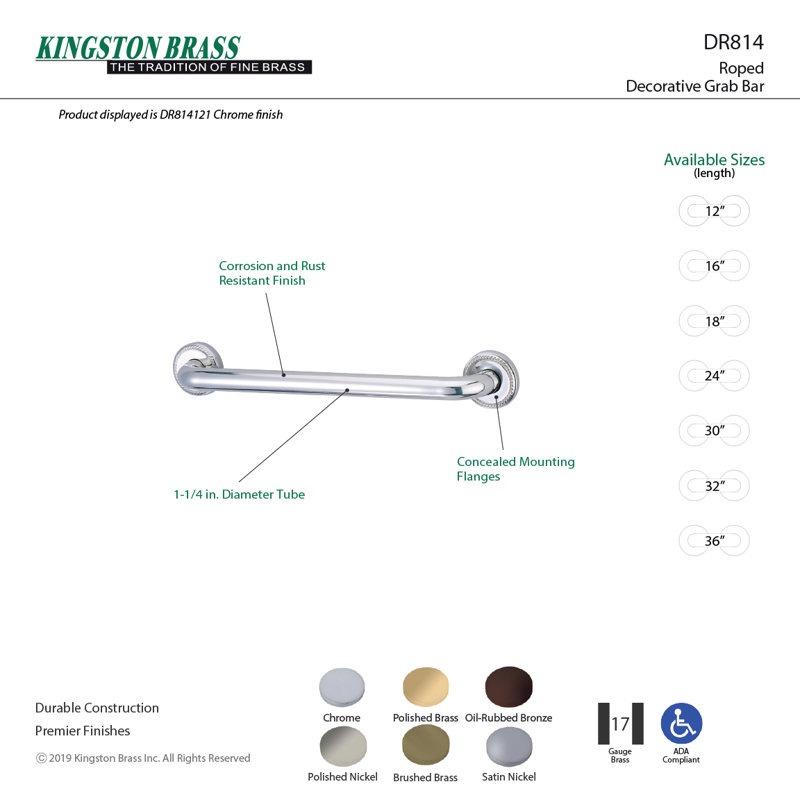 Kingston Brass Laurel 1-1/4 Inch O.D Grab Bar, 32" W, Polished Nickel