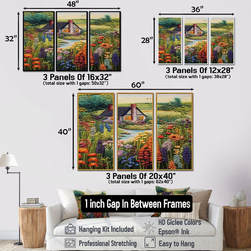 Ensemble de salon Blossoming Flowers Country House River Wool - campagne, Cadre flottant brun, H 32 po x l 48 po x P 1 po