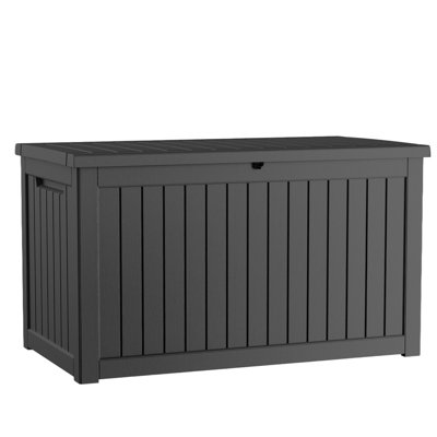 230 Gal/870L Woodgrain Resin Storage Box, Lockable Lid with Piston Hinges, Weatherproof Bench Box with Steel Support & Drainage Holes