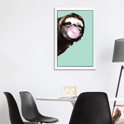Sneaky Sloth Blowing Bubble Gum In Green by Big Nose Work - Print on Canvas