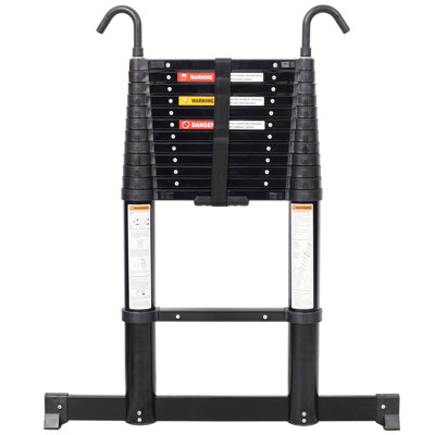 Échelle télescopique en aluminium de 12,5 pi (noir) - capacité de 330 lb, pieds antidérapants + crochet stable, fonction de sécurité et stabilisateur lents, échelle d'extension portable (réglable de 3,6 à 12,5 pi) pour la maison / l'extérieur (peinture / toit / gouttière / rv)