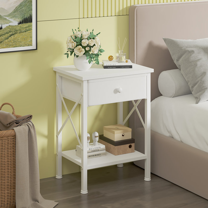 Table de chevet en tissu avec tablette ouverte, petite table de chevet pour chambre à coucher, salon ou dortoir, Blanc