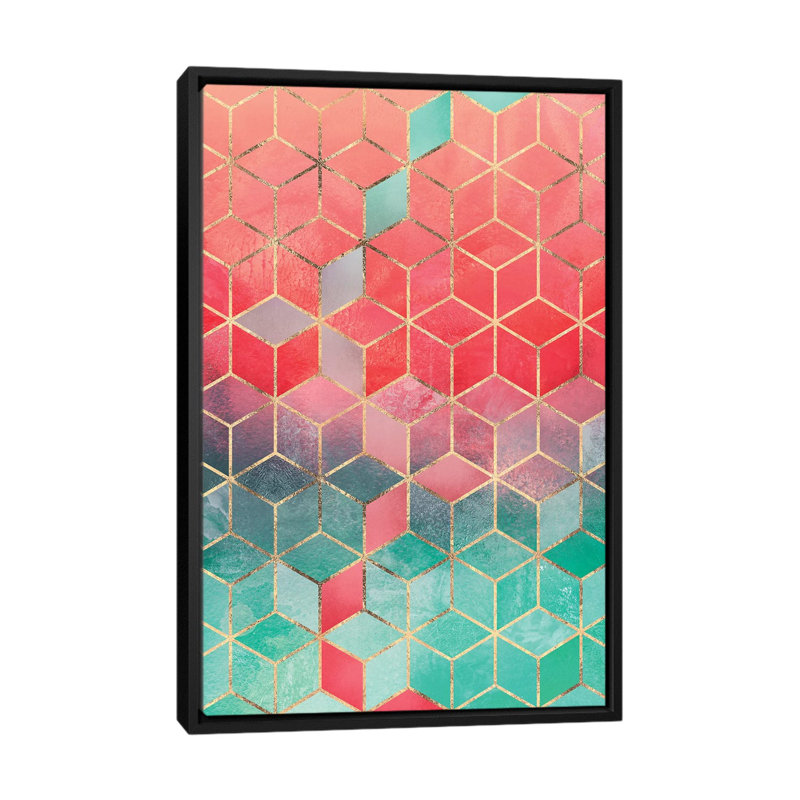 « rose & cubes turquoise, rectangulaire » par elisabeth fredriksson, reproduction d’impression sur toile tendue, Pas de tapis