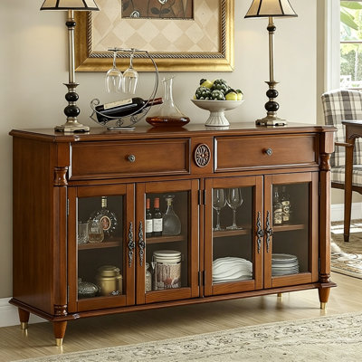 59.06" Brown Solid Oak Sideboard with Double Glass Doors, Vintage Roman Column Short Storage Cabinet with Dual Drawers