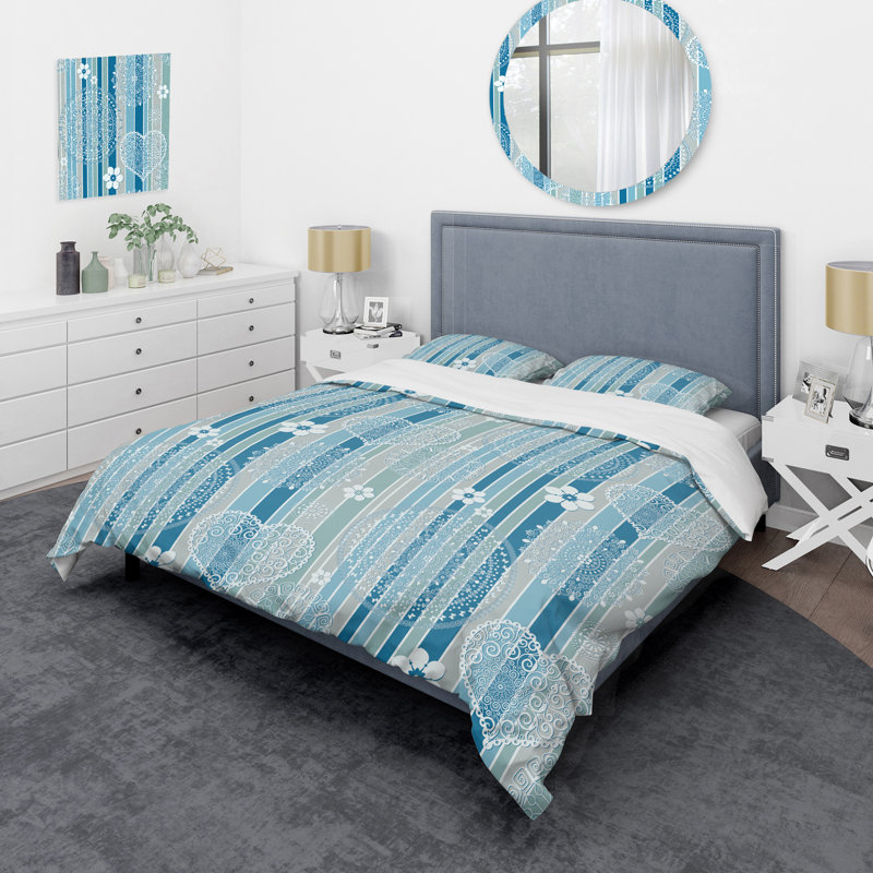 Motif à rayures bleues et grises - Ensemble de housse de couette abstrait - Microfibre de polyester