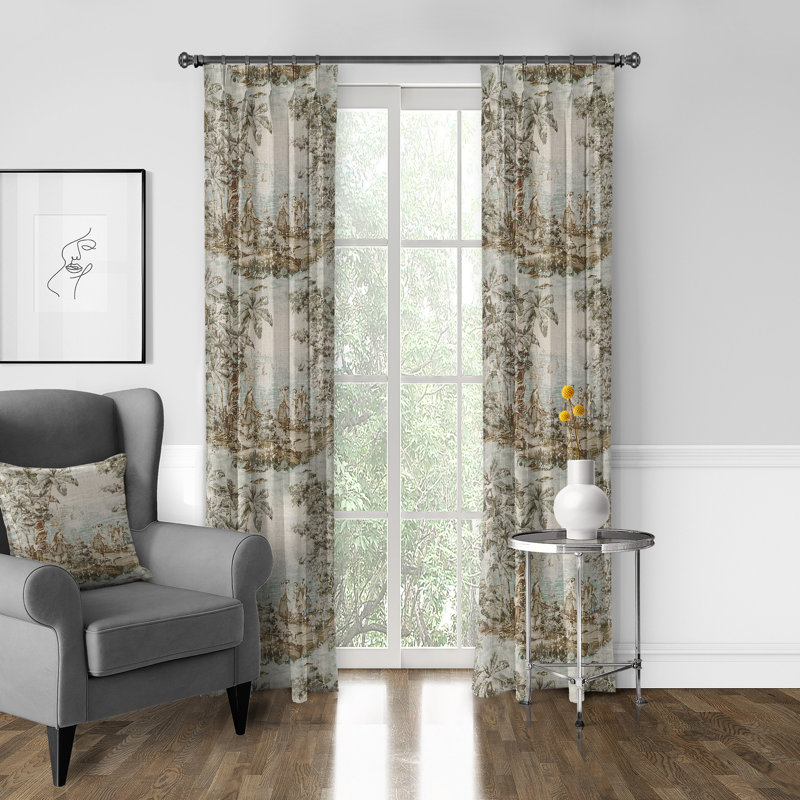 French Countryside Linen Blend Toile Room Darkening Pinch Pleat Curtain Panel, 40" W X 84" L