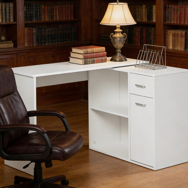 L Shaped Corner Computer Desk Workstation with Rotating Storage Shelves and Drawer for Home & Office, White, White