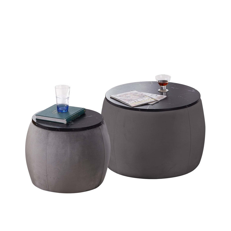Ensemble de 2 tables de bout avec rangement, table d'appoint ronde avec plateau amovible, Noir, noir, noir, noir, Gris