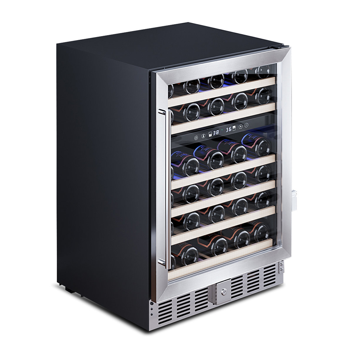 Electactic 24" Dual Zone Wine Fridge - 52 Bottle, 39-64F, Glass Door, Blue LED | Fridge.com