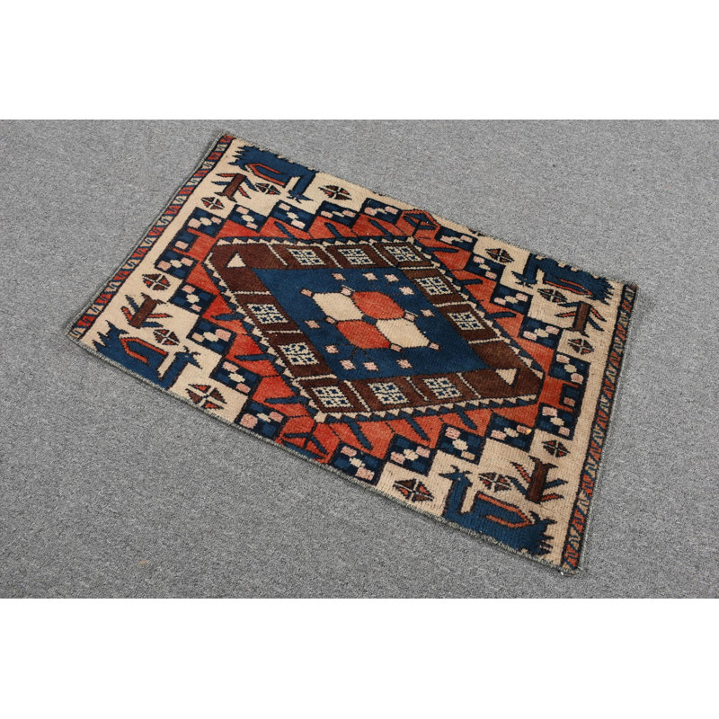 Handwoven Vintage Turkish Kilim Door Mat with Vibrant Blue Geometric Pattern in Wool