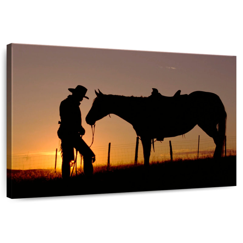 Lelar Cowboy debout avec son cheval, H 32 po x l 48 po
